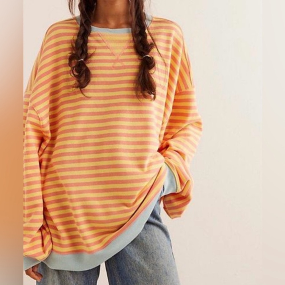 New Free People Classic Striped Oversized Crewneck Tangerine Combo Women's Sz M